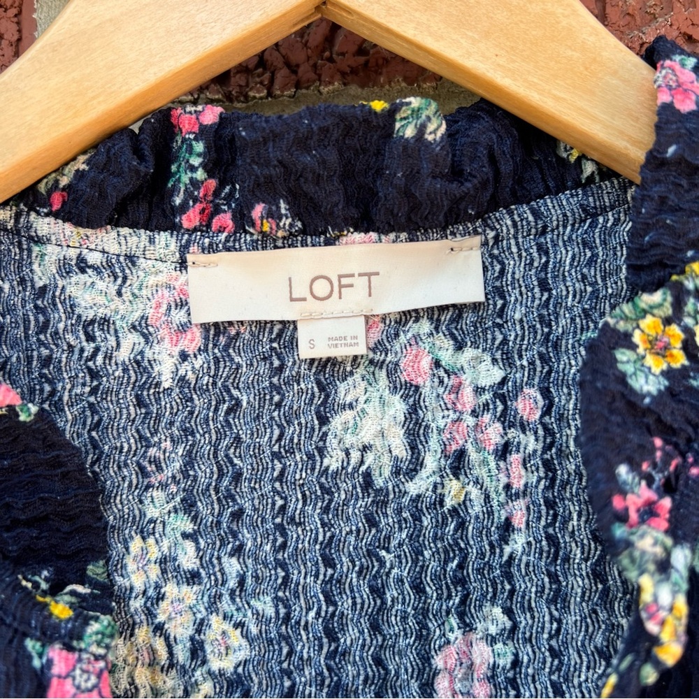 LOFT Navy Blue Textured Yellow and Pink Mini Floral Puff Sleeve Peasant Top - Picture 3 of 3
